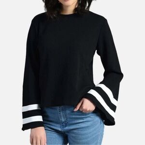 Easther boho long bell sleeve pullover top black grey stripes flair bell cuff L